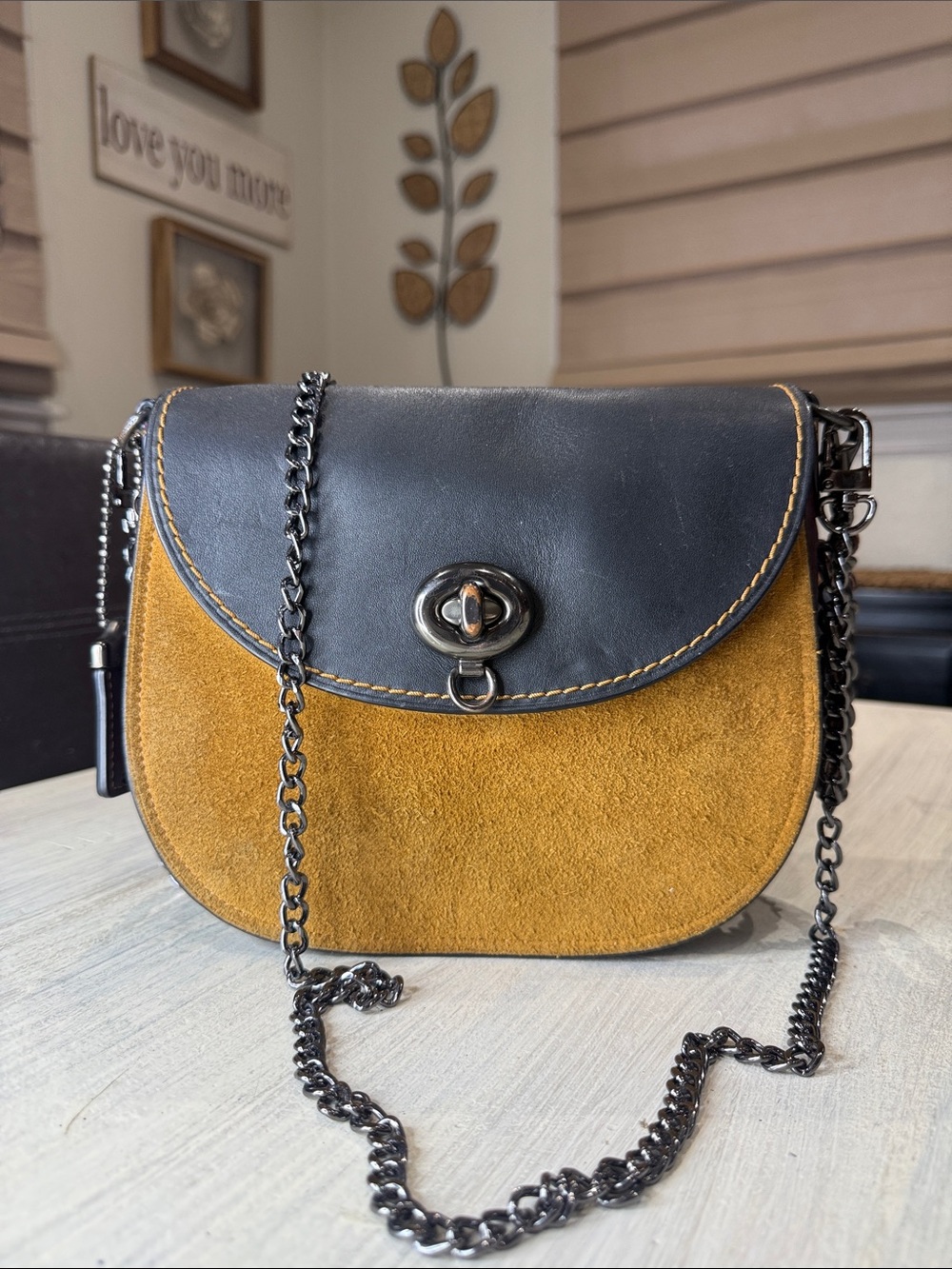 Coach 1941 Color Block Mustard Suede and Black Turnlock Leather Saddle Crossbody